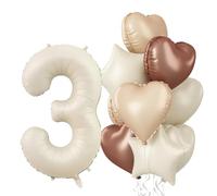 3rd Birthday Balloons for Girls, Large Foil Beige Cream Sand White Neutral 3 Balloon, Nude Tan Apricot Brown Helium Heart Star Balloon for Boys Kids Birthday Wedding Anniversary Party Boho Decoration