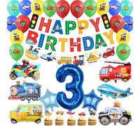 3rd Birthday Boy Decorations - 29pcs Transportation Party Decoration Including Happy Birthday Banner Truck Latex Balloon Cars Number 3 Foil Balloons For 3 Year Old Boys Cars Party Supplies