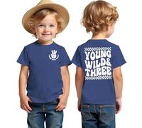 3rd Birthday Boy T-Shirt Young WILD&Three Print Shirt Third Birthday Shirts for Boys Kids Birthday Shirt Summer Short Sleeve Top Cotton Children's Shirts, blue, 3 Years