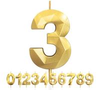 3rd Birthday Candles, Number 3 Candle, Gold Birthday Candles for Cake, Diamond 3D Happy Birthday Cake Candle Decorations for Birthday Party Wedding Anniversary Celebration Supplies