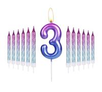 3rd Birthday Candles Purple to Blue Gradient Candle with 12Pcs Gradient Spiral Candle for Number 3 Cake Toppers for Happy 7 Birthday Cake Toppers Wedding Anniversary Decorations