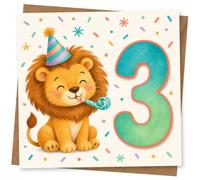 3rd Birthday Card, 3rd Birthday Card for Child, Cute Lion Party Design with Large Number 3 and Confetti, Boys or Girls Age Three Celebration