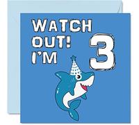 3rd Birthday Card Boy - Shark Watch Out - Happy Birthday Card 3 Year Old Boy, Boys Cards for Him, 145mm Greeting for Son Brother Grandson Nephew Cousin God Son