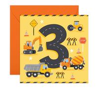 3rd Birthday Card - Construction Trucks - Diggers Dump Trucks Cement Mixers - Fun Greeting Card for Kids Children Boys Son Nephew Grandson Godson Toddler Him - Three Years Old -Comes with Stickers