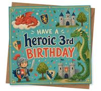 3rd Birthday Card for Boy, Have a Heroic, Dragons & Castle | “Have a heroic 3rd birthday” on a bright medieval backdrop with dragons, castles, shields and a brave little knight.