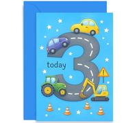 3rd Birthday Card for Boys, 3 Today, Road Construction Vehicles and Cars Design, Toddler Son Nephew Great Grandson Godson, Comes with Enveope
