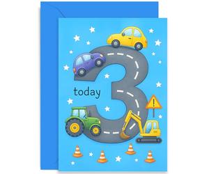3rd Birthday Card for Boys, 3 Today, Road Construction Vehicles and Cars Design, Toddler Son Nephew Great Grandson Godson, Comes with Enveope