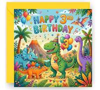 3rd Birthday Card for Boys - Three Today - 3 Years Old - Cute Dinosaur Design - Happy Third Birthday Greeting Card for Grandson Nephew Son - Includes Yellow Envelope - 14cm