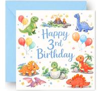 3rd Birthday Card for Boys - Three Today - 3 Years Old - Cute Dinosaur Design - Happy Third Birthday Greeting Card for Grandson Nephew Son - Includes Blue Envelope - 14cm