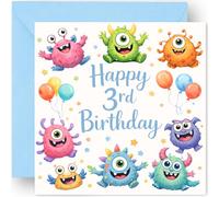 3rd Birthday Card for Boys - Three Today - 3 Years Old - Cute Monster Design - Happy Third Birthday Greeting Card for Grandson Nephew Son - Includes Blue Envelope - 14cm