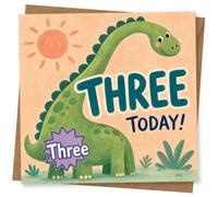3rd Birthday Card for Child, Dinosaur, THREE TODAY! | Smiling green dinosaur under a sunny sky with big “THREE TODAY!” lettering and a purple “Three” badge for a 3rd birthday.