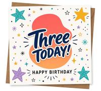 3rd Birthday Card for Child, Three Today! Stars & Dots | Cheery 3rd birthday card for Child with 'Three Today!' lettering, colourful stars and confetti-style dots.