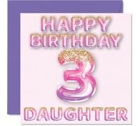 3rd Birthday Card for Daughter - Pink & Purple Glitter Balloons - Happy Birthday Cards for 3 Year Old Daughter from Mum Dad Mummy Daddy Parents, 145mm Bday Greeting Cards Gift
