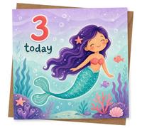 3rd Birthday Card for Girl, Cute Mermaid Birthday Greeting Card, '3 today' Design