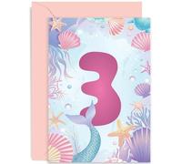 3rd Birthday Card for Girl - Daughter Birthday Card Age Three - Milestone Baby Greeting Cards 3 Year Old - Mermaid Shells Coral Birthday Card for Kids - Under Sea Third Bday