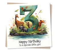 3rd Birthday Card For Girl - Jungle Animals Illustration - Happy Birthday To A Special Little Girl - Made in UK
