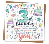3rd Birthday Card for Girl or Boy, Colourful Cute 3rd Birthday Card with Cakes, Hearts and Stars, Happy to the most gorgeous lovely amazingly awesome fabulous and fantastic super star you!