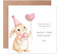 3rd Birthday Card for Girl | Pink Crochet Heart & Bunny Design with Kraft Envelope - Keepsake Card for Daughter Granddaughter Niece 14×14 cm
