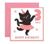 3rd Birthday Card for Girls - Cute Black Cat in Tutu - Age 3 Birthday Card for Her, Daughter, Granddaughter, Niece, Kids - Toddler Greeting Present, Ballet Dance - Comes with Fun Stickers