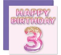 3rd Birthday Card for Girls - Pink & Purple Glitter Balloons - Happy Birthday Cards for 3 Year Old Girl Daughter Sister Granddaughter Cousin, 145mm Bday Greeting Cards Gift