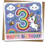 3rd Birthday Card for Girls - Unicorn Rainbow Age 3 Design - Happy Birthday Number 3 Square Greeting Card 145mm x 145mm with Kraft Envelope for Daughter, Granddaughter, Niece