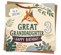 3rd Birthday Card for Granddaughter, Cute Monkey Design | Blank inside for your own message; premium 360gsm card with matching envelope, designed and printed in the UK