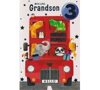 3rd Birthday Card for Grandson, Red Bus with Animals Theme, Party Time Design, 13 x 19 cm