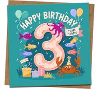3rd Birthday Card for Kids Age 3, Ocean Animals Design, Happy Birthday “Three Today”, Cute Crab & Octopus, 145mm x 145mm Square Greeting Card with Kraft Envelope