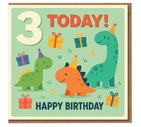 3rd Birthday Card for Kids - Cute Dinosaur Party Design - 3 Today! Happy Birthday