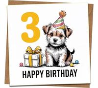 3rd Birthday Card for Kids - Cute Puppy Dog with Party Hat, Happy Birthday Design - 145mm x 145mm Square Greeting Card with Kraft Envelope