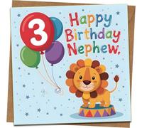 3rd Birthday Card for Nephew - Cute Lion & Balloons, “Happy Birthday Nephew” - Square 145mm x 145mm - Includes Kraft Envelope
