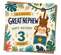 3rd Birthday Card for Nephew, Cute Monkey Design | Blank inside for your own message; premium 360gsm card with matching envelope, designed and printed in the UK