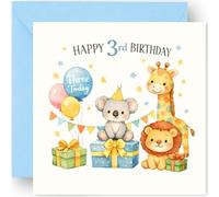3rd Birthday Card Gift for Boy - Three Today - Cute Watercolour Jungle Animals Design - Happy Third Birthday Greeting Card for Grandson Nephew Son Toddler or Boys - Includes Blue Envelope - 14cm