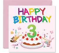 3rd Birthday Card Girl - Critter Party Birthday Card - Happy 3 Year Old Girl, Girls Cards for Her, 145mm Greeting for Daughter Niece Granddaughter Kid Children