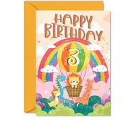 3rd Birthday Card Girls Boys - Hot Air Balloon Rainbow - Happy Birthday Card for 3 Year Old Girl Boy Kids, 5x7 Inch Three Third Bday Animal Greeting Cards
