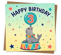 3rd Birthday Card, Happy 3rd Birthday Card with Cute Seal and Balloon Design for Child Age 3