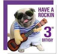 3rd Birthday Card - Rock n Roll Pug Dog Funny Birthday Card for 3 Year old Kids three, third