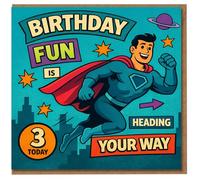3rd Birthday Card - Superhero Comic Design - 'Birthday Fun Is Heading Your Way' - Age 3 Today Kids Card