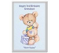 3rd Birthday Cards for Boys - 3 Year Old Little Boy - Age Three (Grandson 3rd Birthday Card - Teddy & Car)