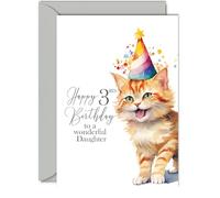 3rd Birthday Cards for Daughter - Party Cat Kitten - Happy Birthday Card for 3 Year Old Daughter from Mum Dad, A5 Bday Girl Girls Kids Greeting Cards Gift for Daughter Birthday Gifts