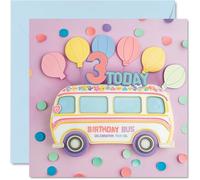 3rd Birthday Cards for Girls - Balloon Bus - Happy Birthday Card for 3 Year Old Girl Granddaughter Niece Daughter Cousin, 145mm Bday Greeting Cards
