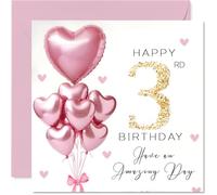 3rd Birthday Cards for Girls - Pink Glitter Balloons - Happy Birthday Card for 3 Year Old Girl Step Daughter Granddaughter Sister Daughter, 145mm Bday Greeting Cards