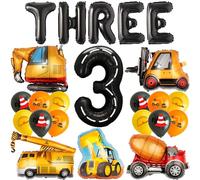 3rd Birthday Construction Decorations Boys - 23 Pieces Vehicle Party Decoration Black Letter Three Balloons Digger Excavator Crane Cement Truck Bulldozer Orange Balloon for Kids 3rd Party Supplies
