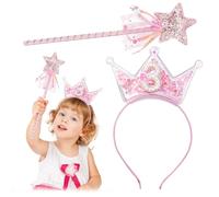 3rd Birthday Crown, Pink Glitter Princess Tiara for Girls with Wand Sparkling Pearl Headdress Party Celebration Outfit Decoration Accessory for Girl Toddler 3 Year Old