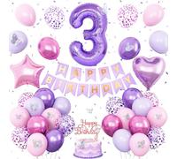 3rd Birthday Decoration for Girls,Pink Purple 3rd Birthday Balloon Number 3 Balloon with Butterfly Stickers Star Heart Foil Balloon Banner Princess Party Decoration for 3 Year Old Party