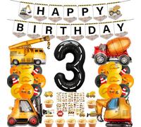 3rd Birthday Decorations Boy Balloons - 36 Pcs Excavator Themed Set Happy Birthday Banner Truck Bulldozer Crane Digger Number Foil Balloons Cupcake Toppers for 3 Years Old Boys Birthday Party Decor