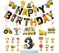 3rd Birthday Decorations Boy | Excavator Banner Cake Toppers Number 3 Party Supplies Truck Bulldozer Crane Digger Construction for 3 Years Old Boys Birthday