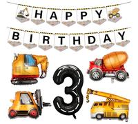 3rd Birthday Decorations Boys Truck - 7 Pcs Construction Party Supplies with Happy Birthday Banner, Number 3 Foil Balloon and Excavator Mixer Crane Balloons for Kids 3rd Years Old