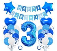 3rd Birthday Decorations for Boys, Blue 3rd Birthday Balloons & Banner for Boys, White Blue Balloons Set Party Decoration, HSC Number 3 Balloon Set with Bunting, Stars, Hearts & Sequins - 28Pcs