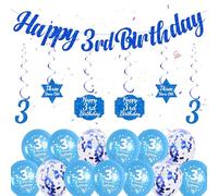 3rd Birthday Decorations for Boys - Blue Happy Birthday Banner, Hanging Swirls Confetti Balloons for Boy Three Years Old Party
